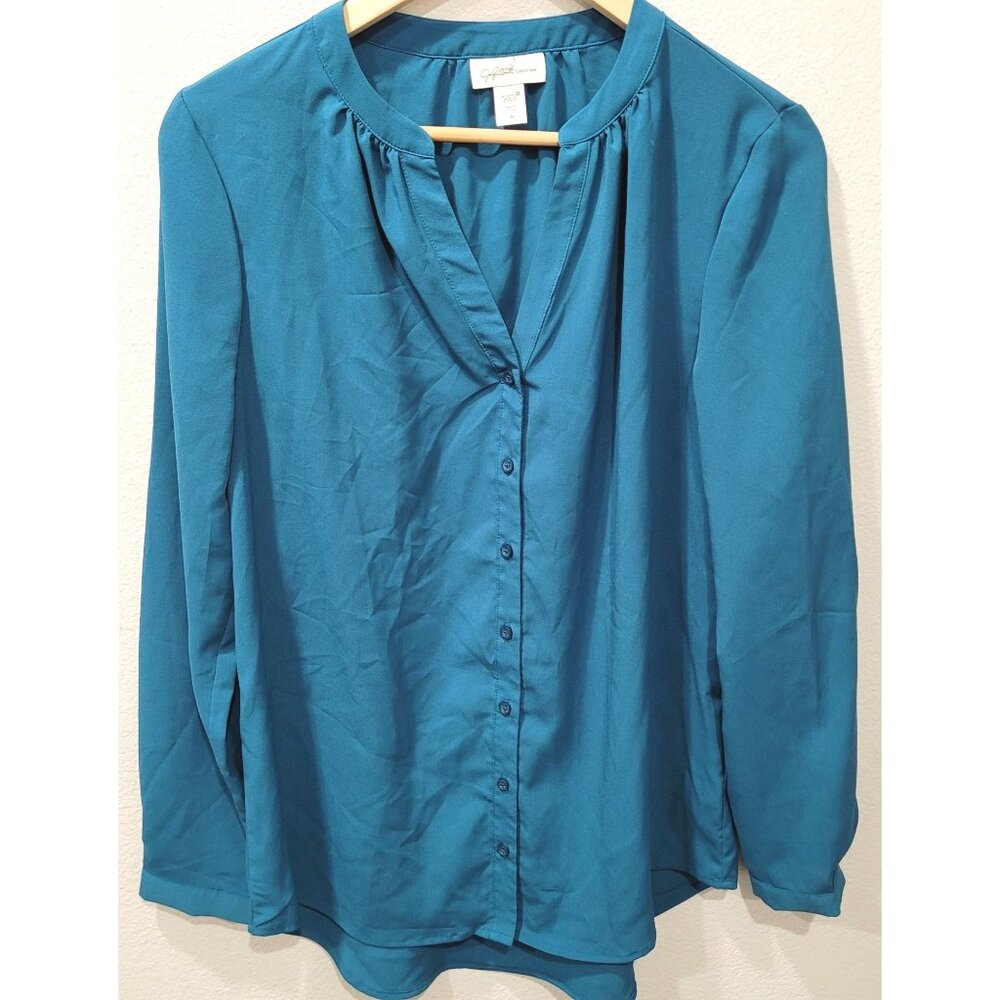 Jaclyn Smith Womens Teal V-Neck Button-up Blouse Size M